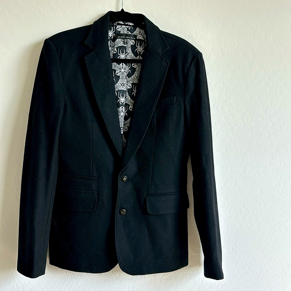 AFFLICTION BLK, WOOL BLEND studded with embroidered back blazer Sz Small